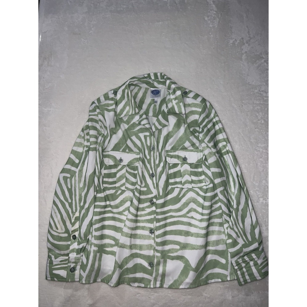 DG2 by Diane Gilman Green Zebra Print Button Down Utility Shirt XL Epaulets